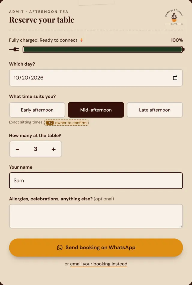The Recharge & Connect booking ticket, fully charged at 100% with a ‘Send booking on WhatsApp’ button